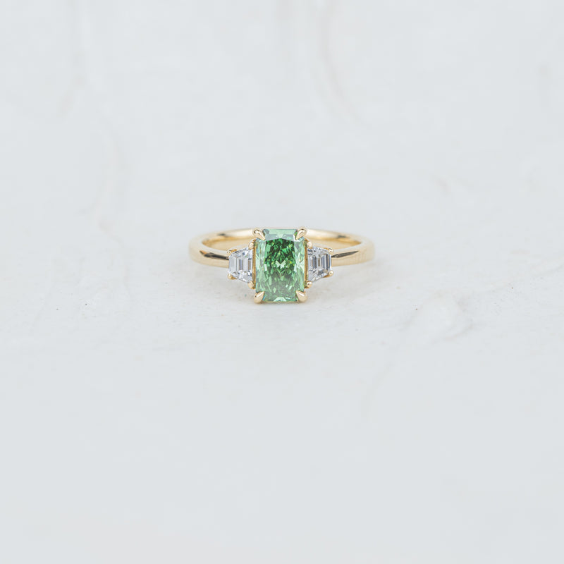 The Evelyn - Coloured Diamond | Emerald & Trapezoid Cut Lab Diamond Trilogy Ring