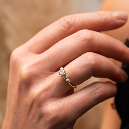 The Serephina Ring | 0.75ct Green Oval Lab Diamond Scattered Accented Engagement