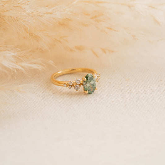 The Serephina | 1.0ct Green Oval Lab Diamond Scattered Accented Engagement Ring