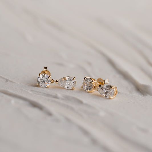 Harper Earrings close-up pear cut lab diamond drop by Ethica Diamonds