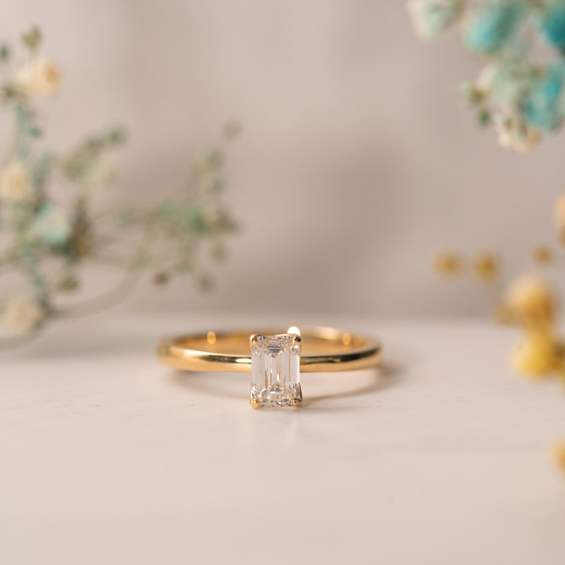 0.76ct india by ethica diamonds emerald cut lab diamond engagement ring with open basket