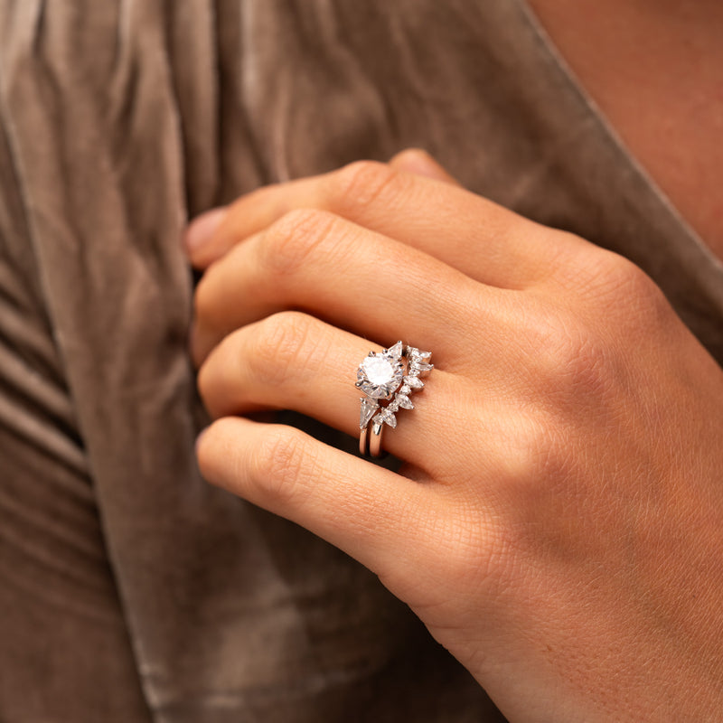 Modern three stone diamond ring in white gold, stacked with Kira diamond ring 