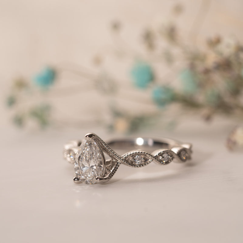 The Marcia pear cut lab grown diamond engagement ring with milgrain detailing