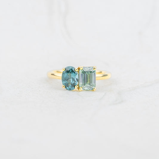 The Mira | Paraiba Spinel & Seafoam Moissanite Toi et Moi Ring