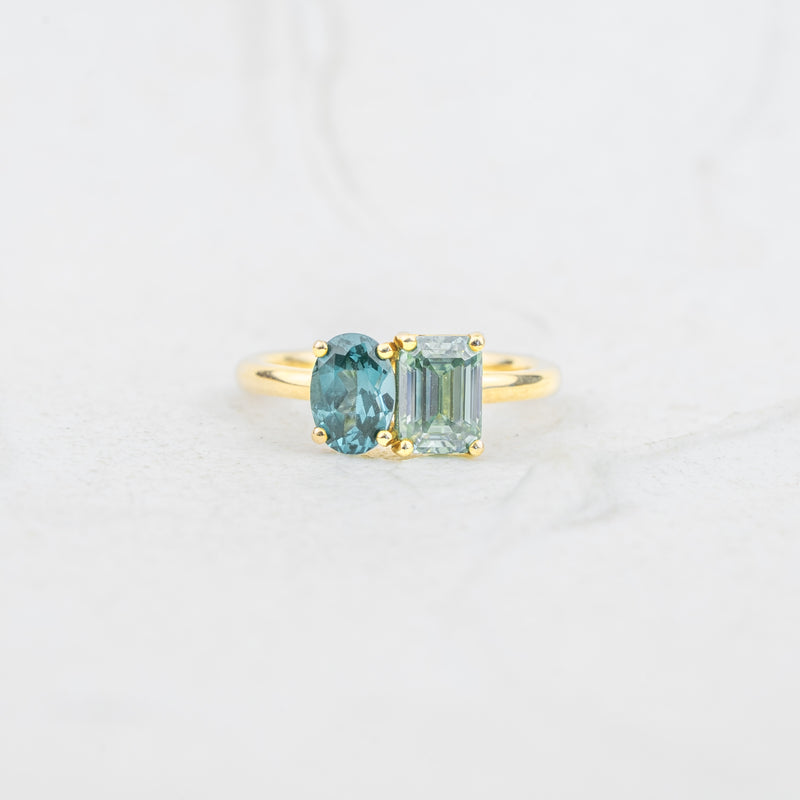 The Mira | Paraiba Spinel & Seafoam Moissanite Toi et Moi Ring