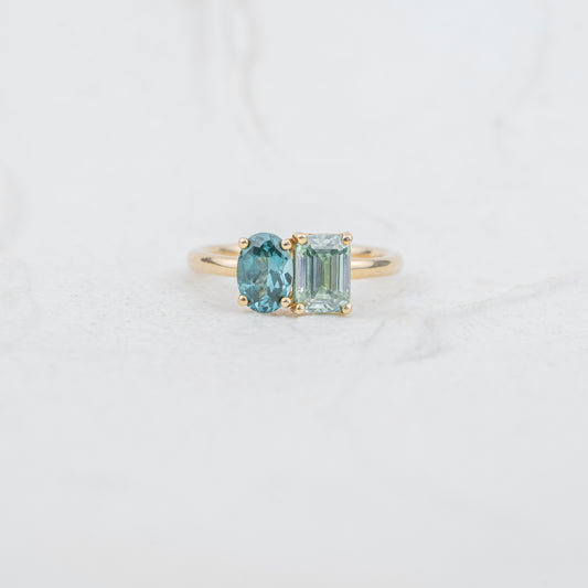 The Mira | Paraiba Spinel & Seafoam Moissanite Toi et Moi Ring