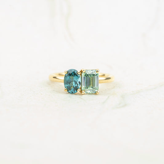 The Mira | Paraiba Spinel & Seafoam Moissanite Toi et Moi Ring