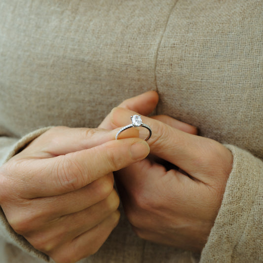 The Nuki | Oval Lab Diamond Slim Hidden Halo Shoulder Set Engagement Ring
