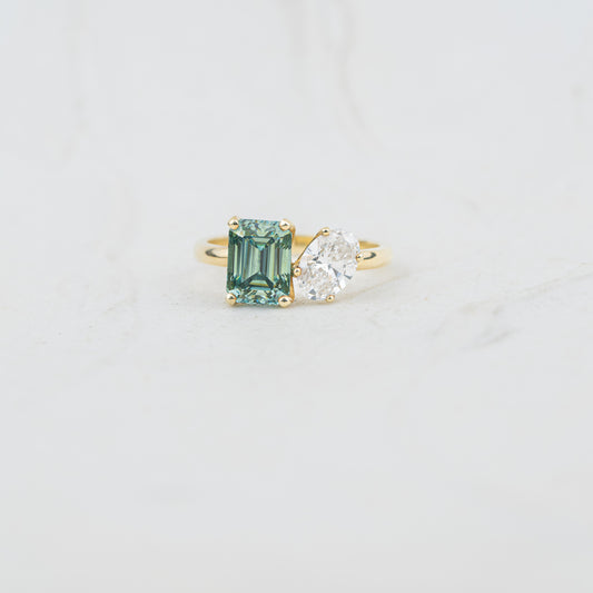 The Oriana - Coloured Gemstone | Emerald Seafoam Moissanite & Lab Diamond Toi et moi Engagement Ring