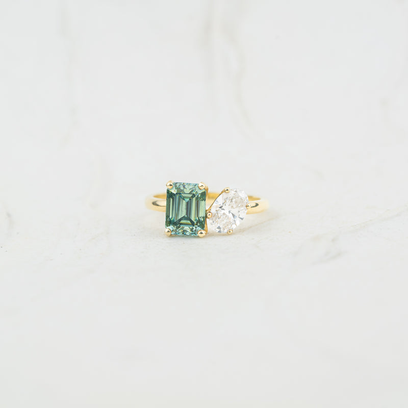 The Oriana - Coloured Gemstone | Emerald Seafoam Moissanite & Lab Diamond Toi et moi Engagement Ring