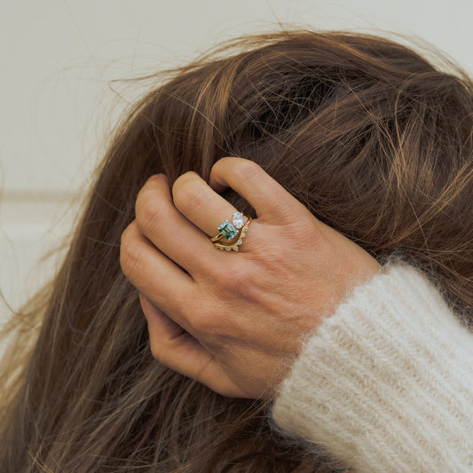 bridal set with toi et moi engagement ring and crown chevron wedding ring in 18k yellow gold
