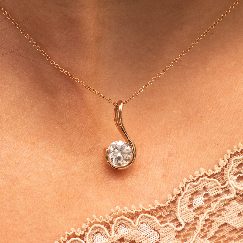 Ocean Wave Lab Diamond Pendant on neck in rose gold