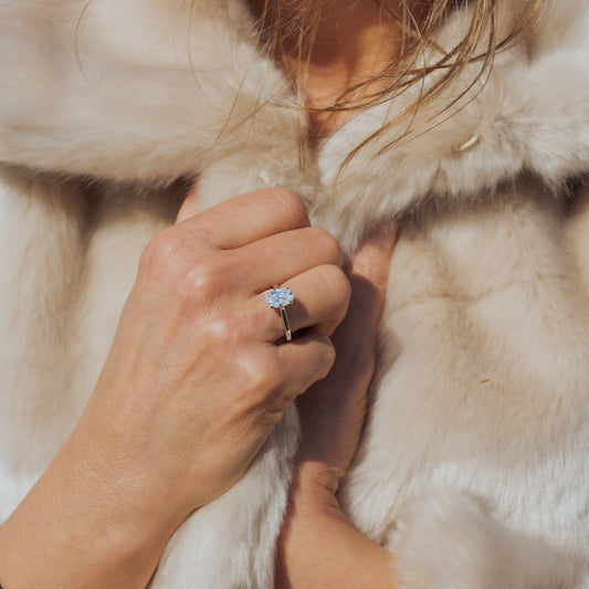 Woman wears fur coat and white yold engagement ring with sustainable lab grown diamond