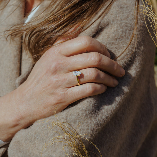 Hand wearing oval cut lab grown diamond ring set in yellow gold ith 4 round claws on a beige wool coat
