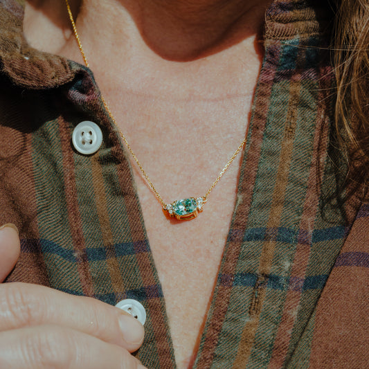 The Primrose | Blue Green Cushion Cut Moissanite & Diamond Pendant