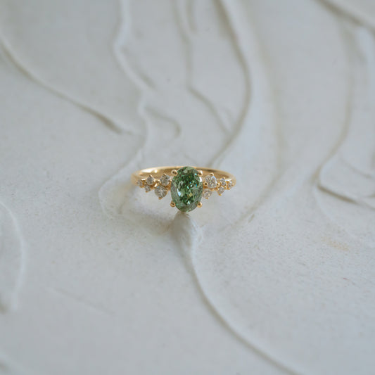 The Serephina | 1.0ct Green Oval Lab Diamond Scattered Accented Engagement Ring