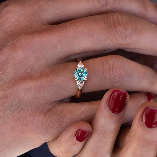 The Sophia Ring | 1.98ct Paraiba Tourmaline & Lab Diamond Trilogy 18k Yellow Gold