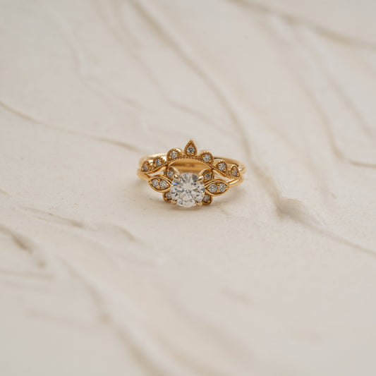 yellow gold bridal set nature inspired bloomng flower engagement ring and wishbone tiara wedding ring by ethica diamonds