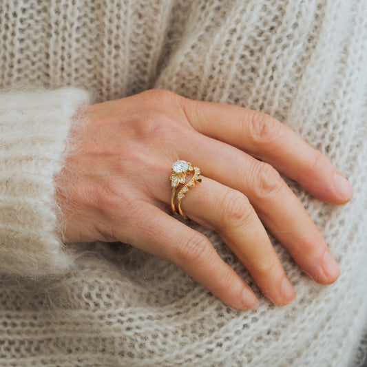 diamond set engagement ring and wedding band pair nature and vintage inspired sustanable lab diamond jewellery