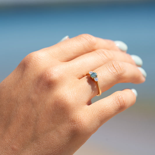 The Tabitha Ring | Seafoam Green Oval Moissanite & Lab Diamond Trilogy