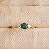 The Tabitha Ring | Green Round Moissanite & Lab Diamond Trilogy 9k Yellow Gold