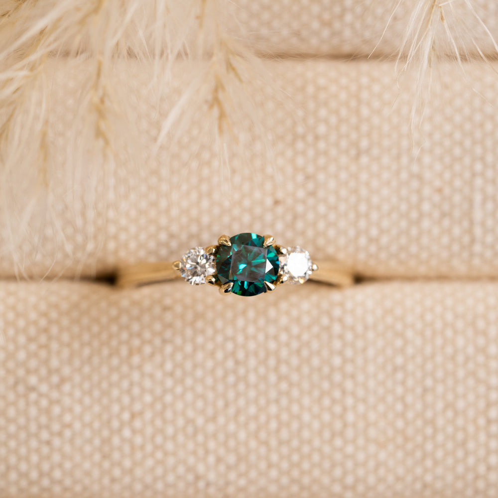 tabitha by Ethica Diamonds emerald green centre stone & lab diamond sides in 9k recycled gold 