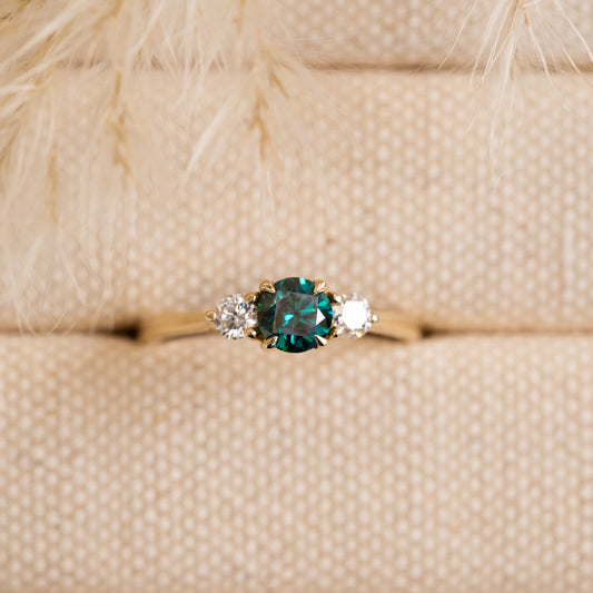 The Tabitha Ring | Green Round Moissanite & Lab Diamond Trilogy 9k Yellow Gold