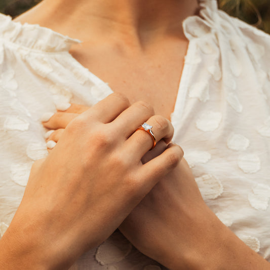 Close-up of hands holding each other with a focus on a ring, wearing a white textured garment.
