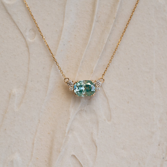 The Primrose | Blue Green Cushion Cut Moissanite & Diamond Pendant