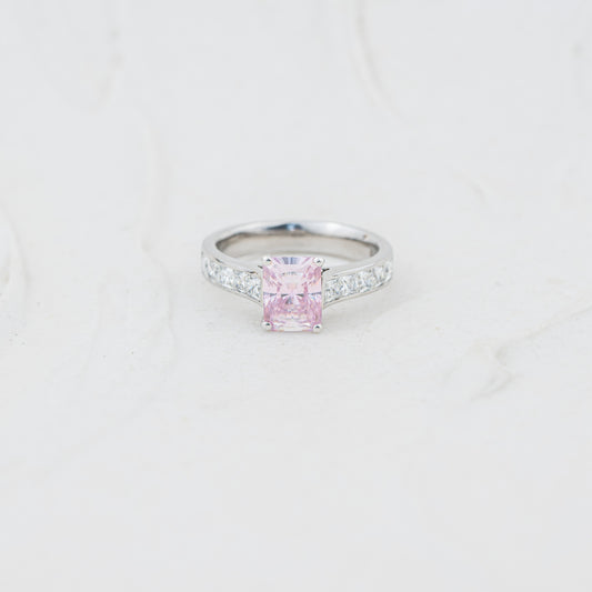 The Yasmin | 2.39ct Emerald Radiant Fancy Pink Moissanite Shoulder Set Ring in 950 Palladium