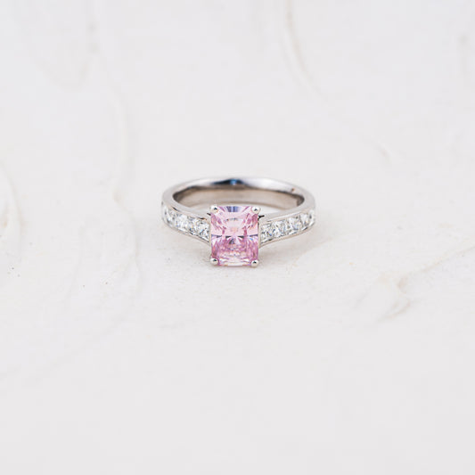 The Yasmin | 2.39ct Emerald Radiant Fancy Pink Moissanite Shoulder Set Ring in 950 Palladium