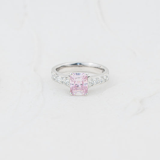 The Yasmin | 2.39ct Emerald Radiant Fancy Pink Moissanite Shoulder Set Ring in 950 Palladium