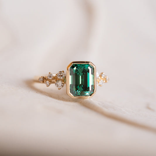 The Zinnia | Green Moissanite Emerald Cut Ring
