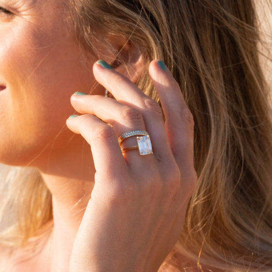 The Iris Ring | 4.3ct Emerald Cut Lab Diamond Talon Claw Engagement Ring in 18k Yellow Gold