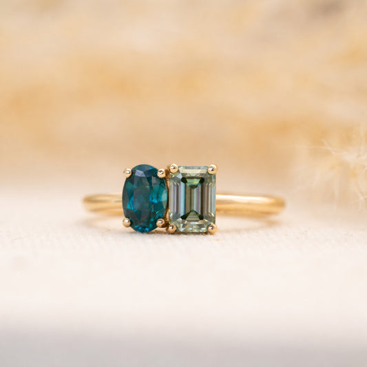 The Mira | 2.02ct Chatham® Paraiba Spinel & Seafoam Moissanite Toi et Moi Ring