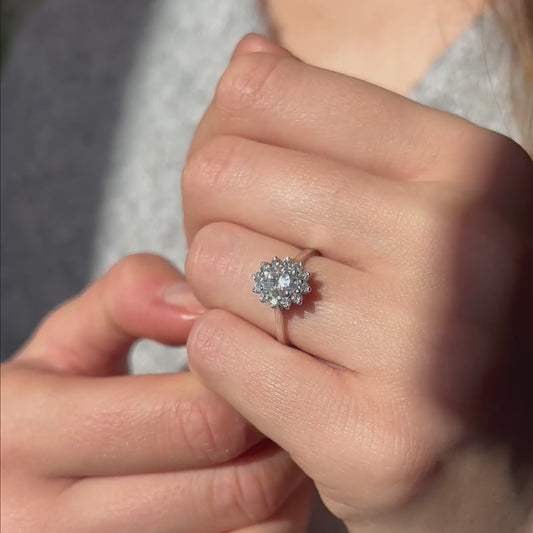 Video of The Mina oval diamond ring, showcasing its vintage elegance and sparkle by Ethica Diamonds.