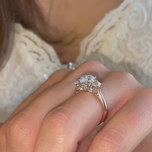 Close-up video of The Jasmine Ring milgrain halo and scroll detail