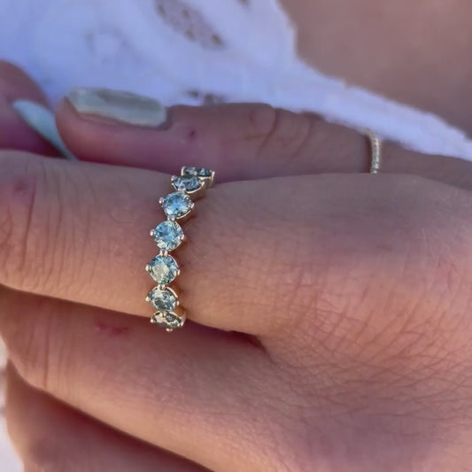 Model wearing Seafoam Moissanite Anniversary Band