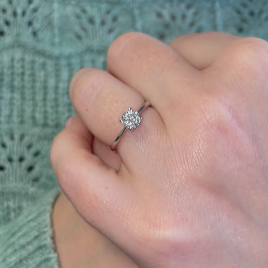 thin band solitaire engagement ring in platinum with 0.63 carat man made created diamond