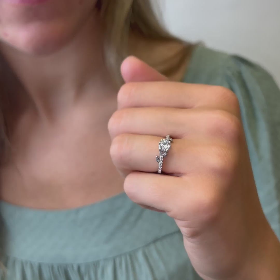 video of model wearing azahara by ethica diamonds nature inspired shoulder set gold engagement ring 