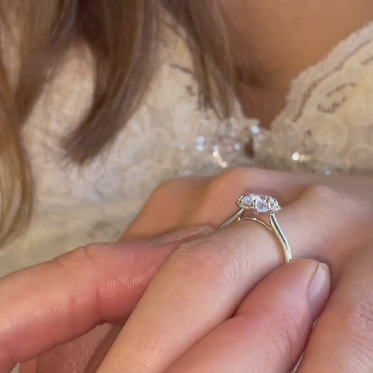 Video of an oval halo lab diamond ring with Art Deco styling– The Rae Ring by Ethica Diamonds