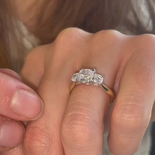 Video of Three-stone cushion lab diamond engagement ring in recycled gold – The Lara Ring