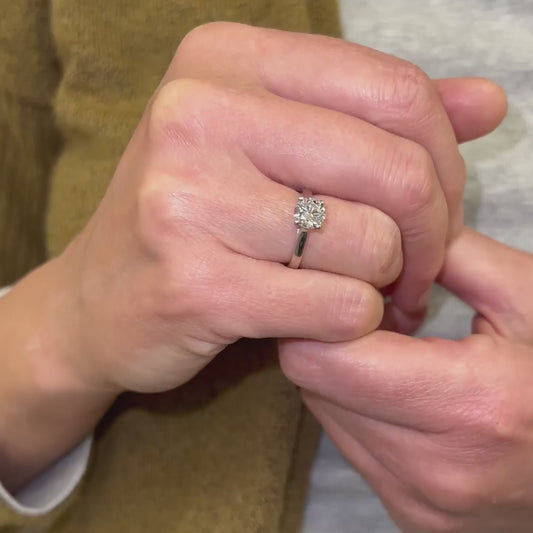 model wears cornish luxury diamond jewellery made by ethica diamonds in platinum - lab created diamond solitaire ring 