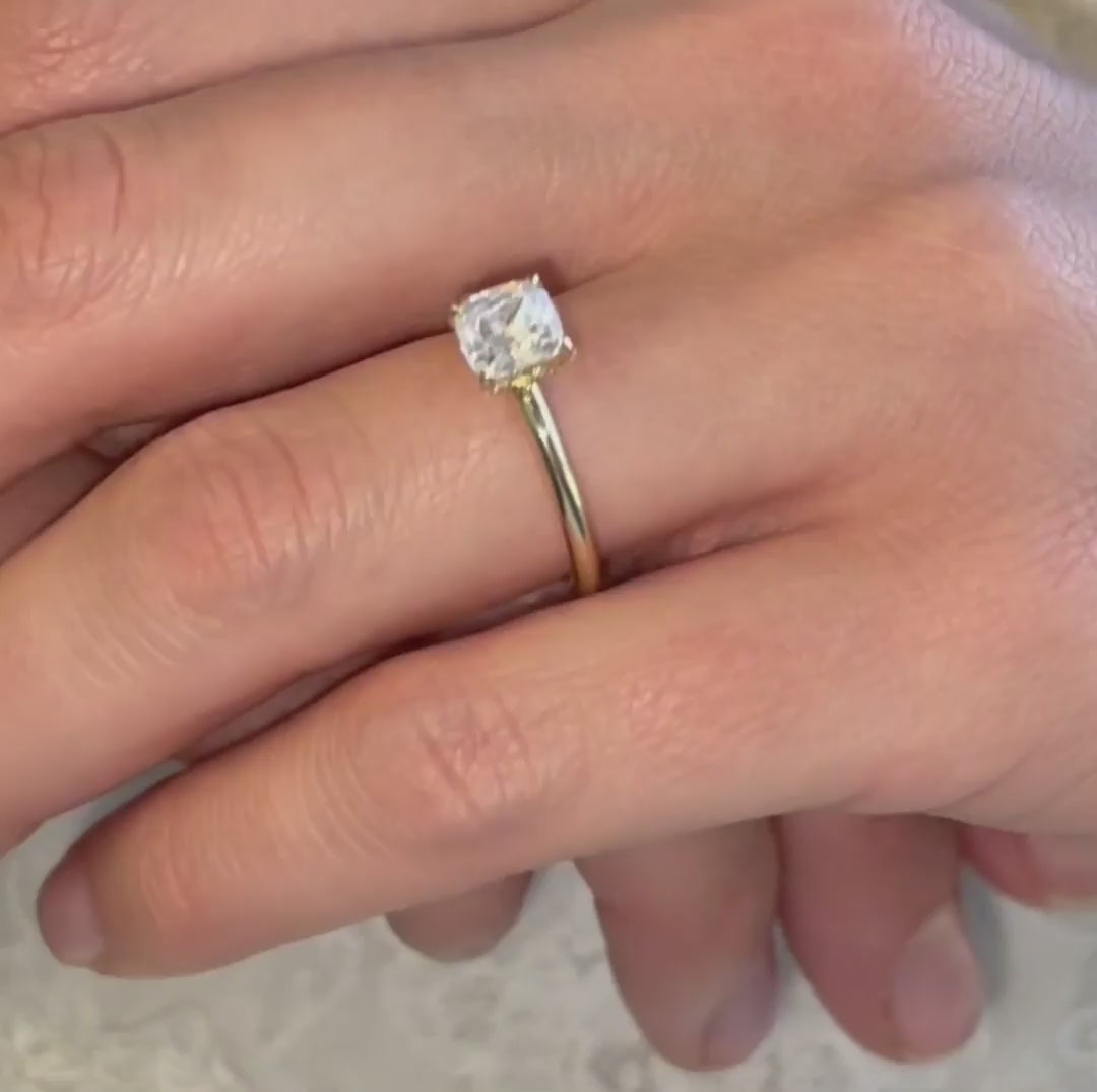 video Close-up of Leola Ring showing cushion cut centre stone and delicate pavé diamonds
