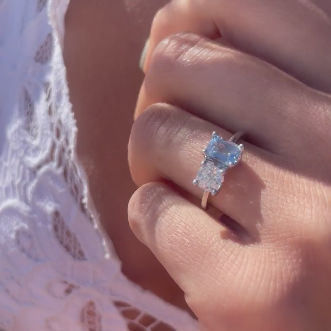 video of The Marilyn engagement ring in white gold with aqua blue spinel and cushion cut diamond