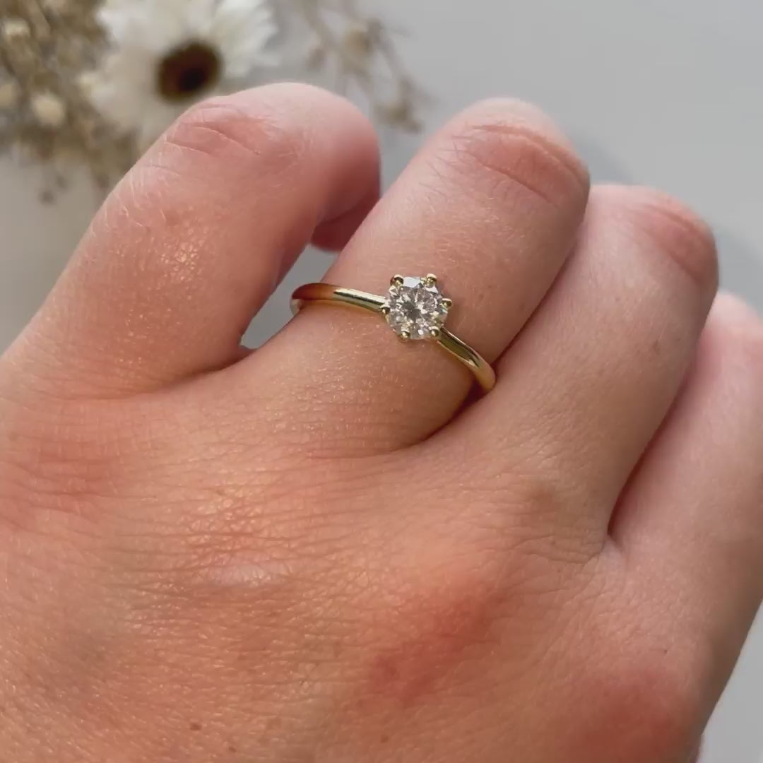 Video of Marabelle Ring on hand, highlighting lab diamond solitaire 6 claw tulip basket engagement ring