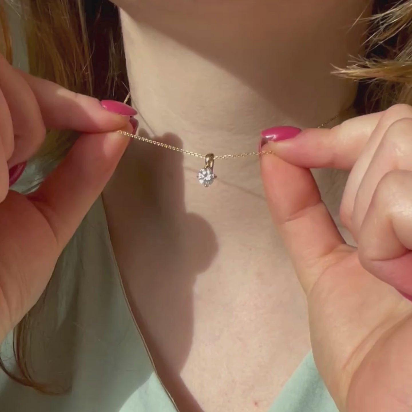 Aria Classic Four Claw Lab Grown Diamond Compass Necklace in rose gold worn on ladies neck with 16 inch 18k rose gold chain