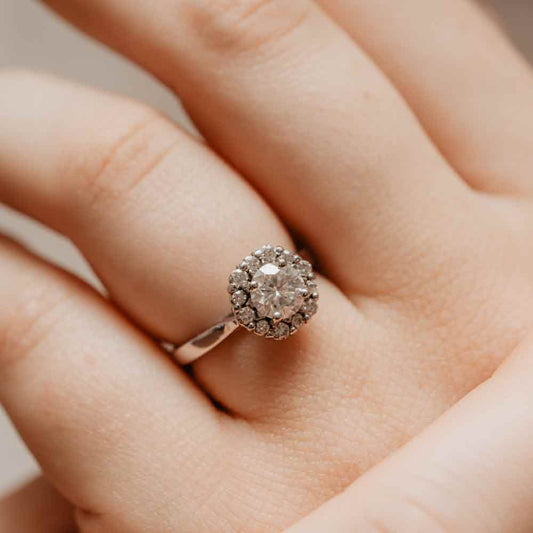 The Dahlia Ring | 0.75ct D-E VVS1 Round Engagement Halo 18k White Gold