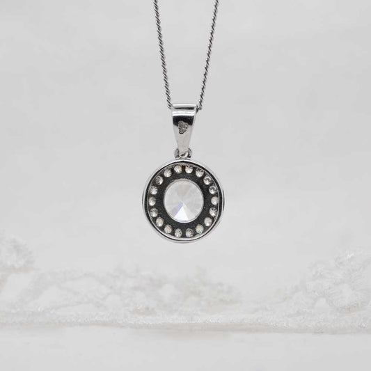 white gold round halo pendant rear view