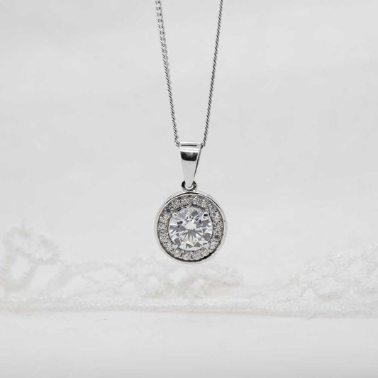 The Diana Pendant | 0.91ct D-E VVS1 Round Halo 9k White Gold